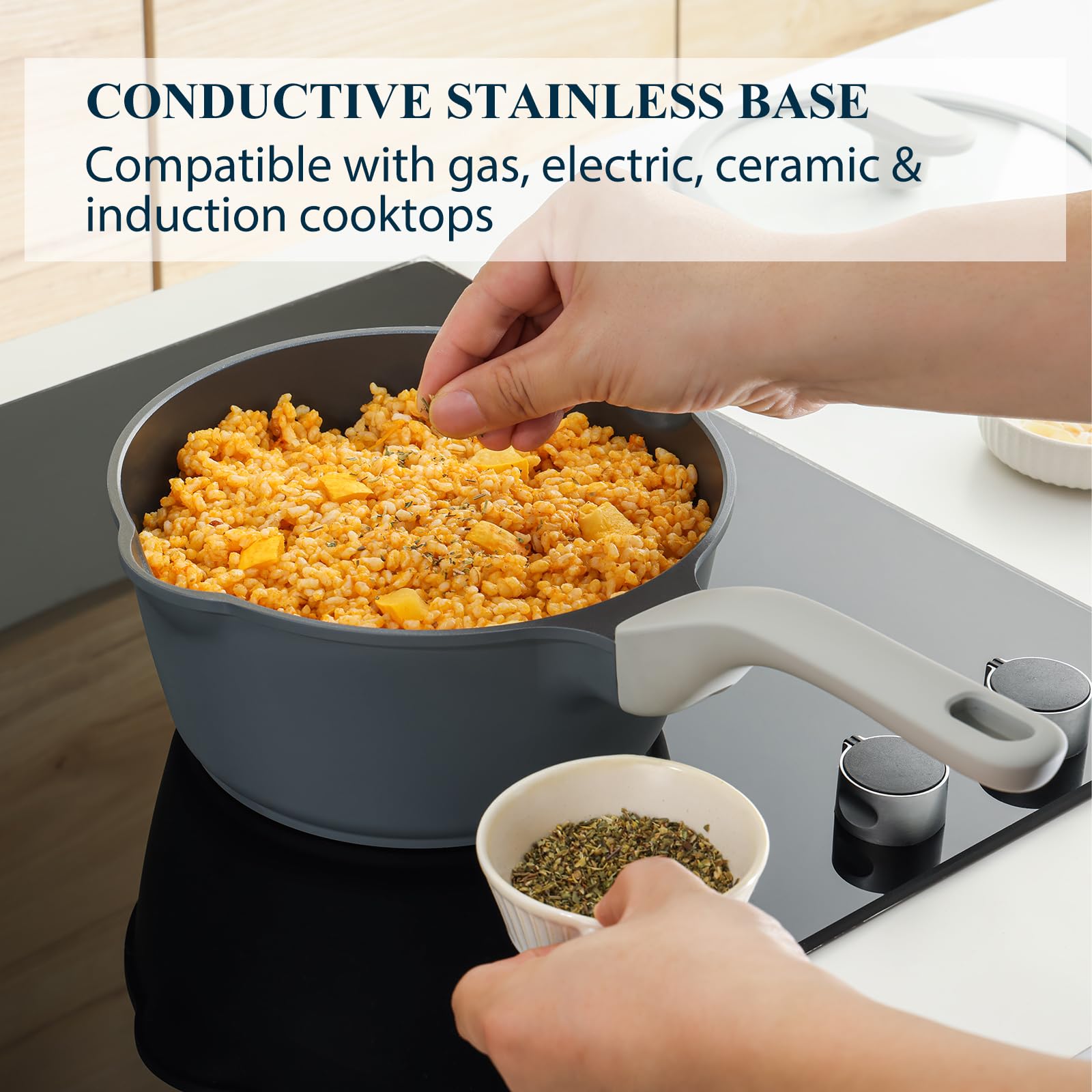 PRICUSIS stainless-steel base detail indicating induction compatibility benefit