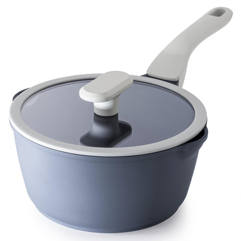 PRICUSIS front view with lid showing compact, durable saucepan benefits