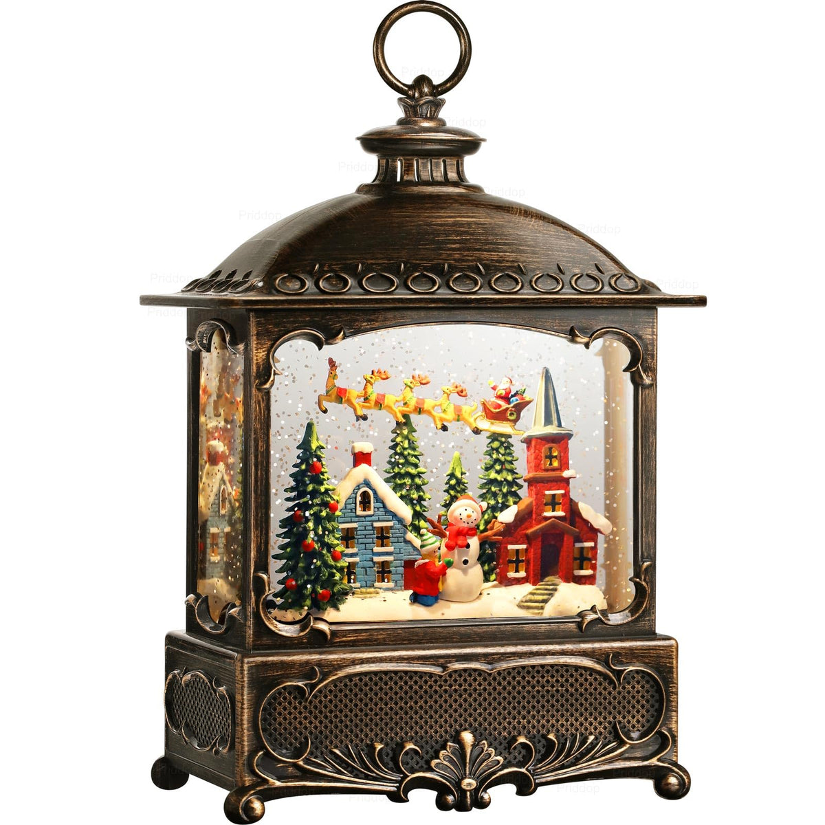 Priddop front view of lantern glowing, showcases warm ambience