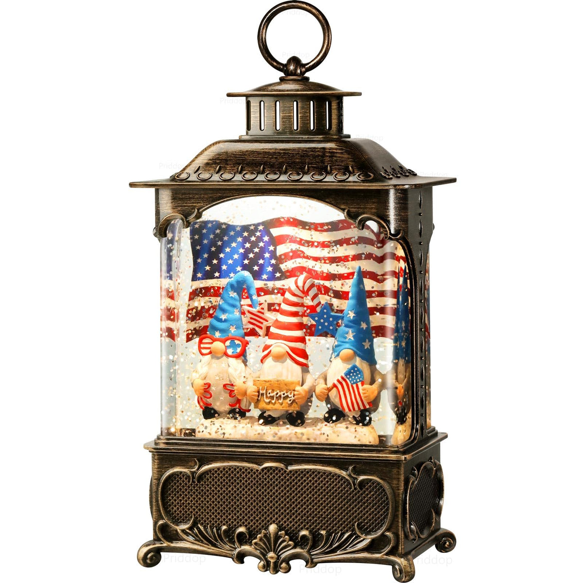 Priddop gnome lantern front view showing patriotic scene and warm glow