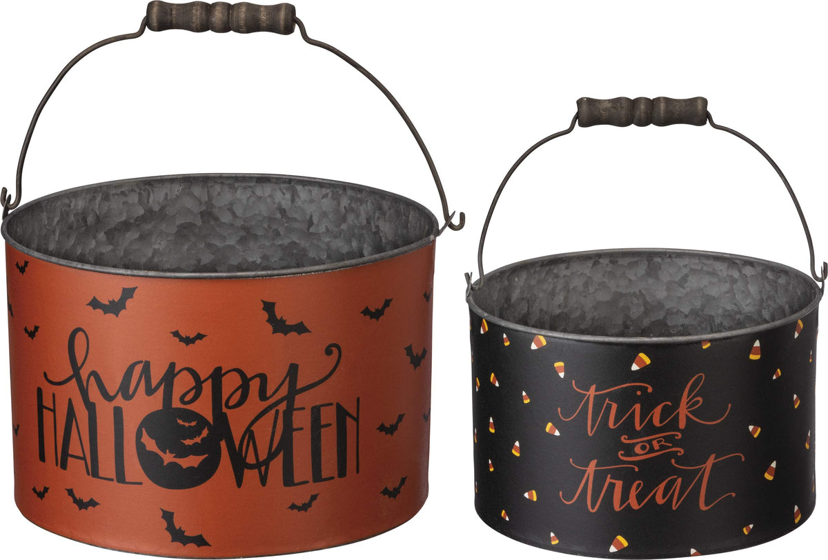 Primitives by Kathy front view of both Halloween metal buckets, decorative and sturdy