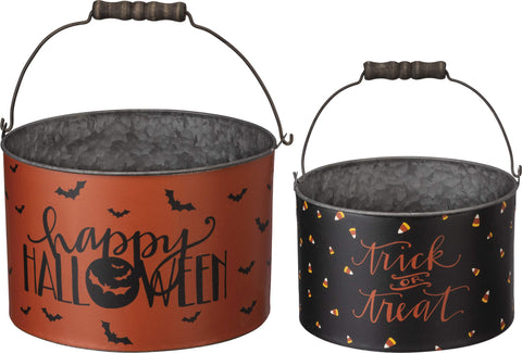 Primitives by Kathy front view of both Halloween metal buckets, decorative and sturdy