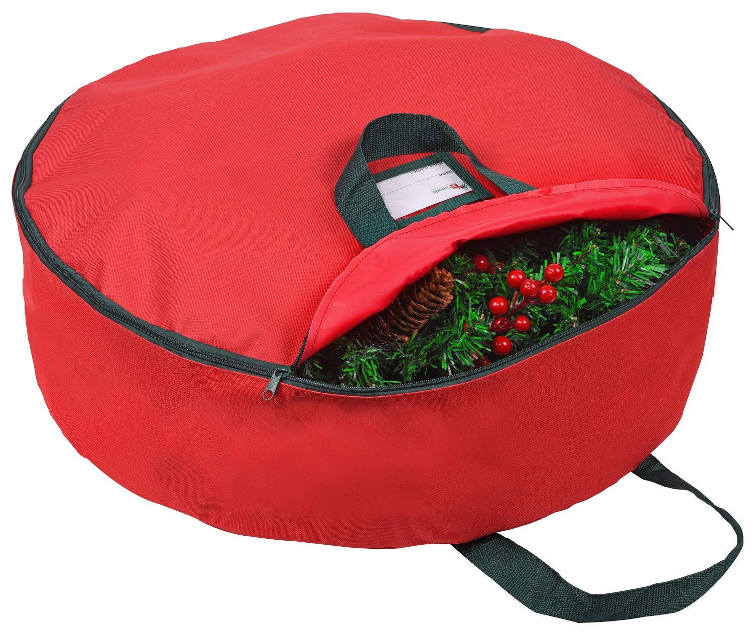 Primode front view of 48" wreath bag showing full coverage and easy storage benefit
