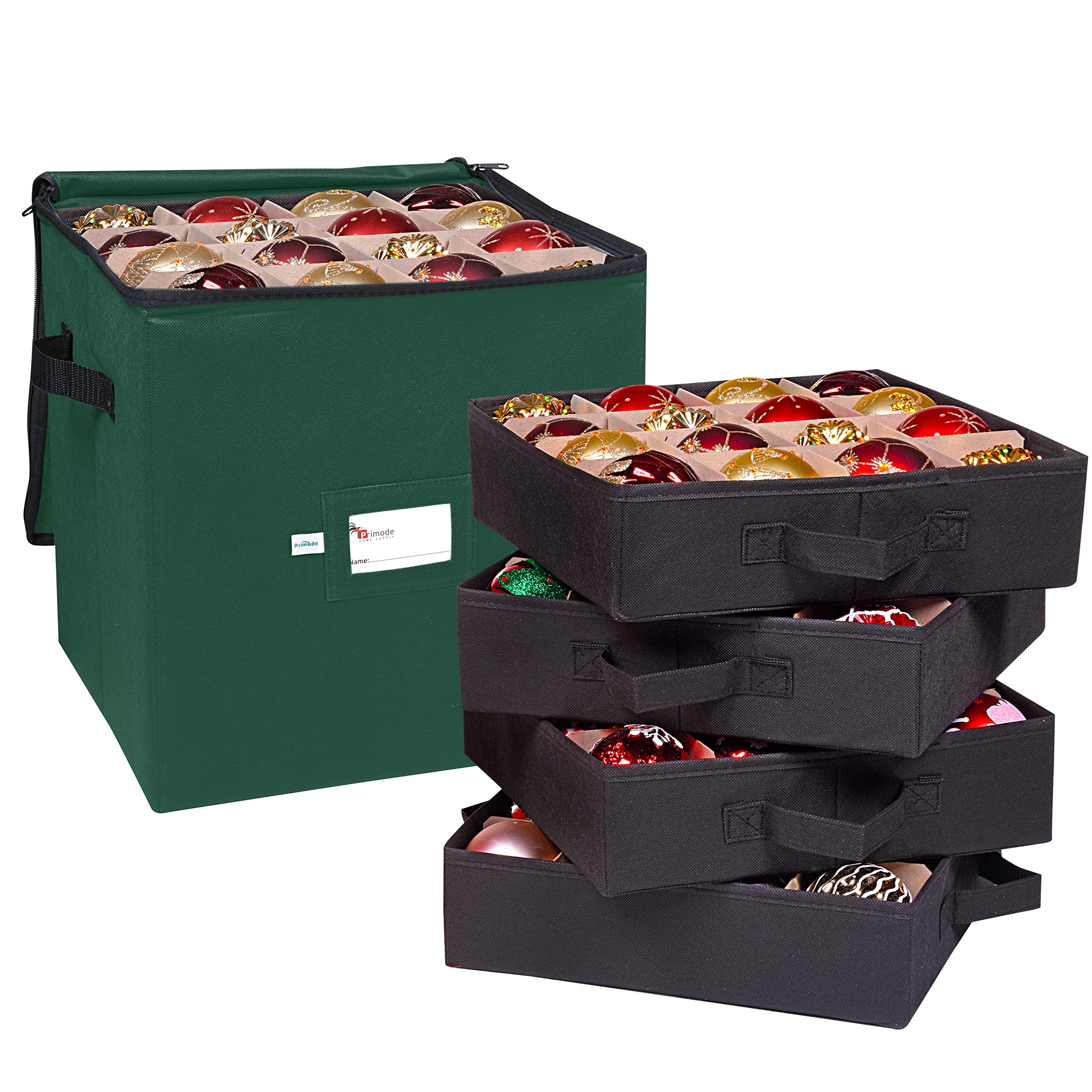 Primode front view of green ornament storage box showing sturdiness and neat storage
