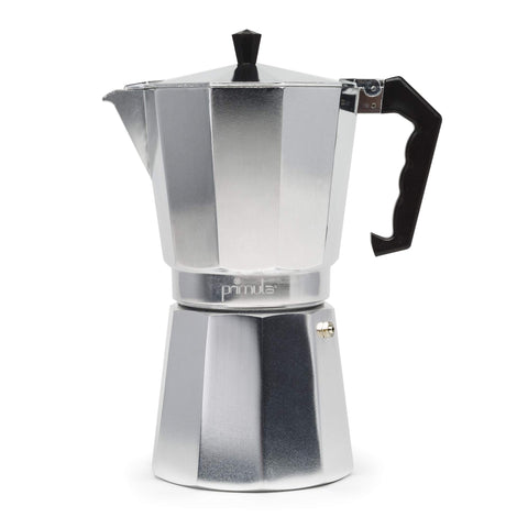Primula front view showing full moka pot and classic silver finish for reliable brewing