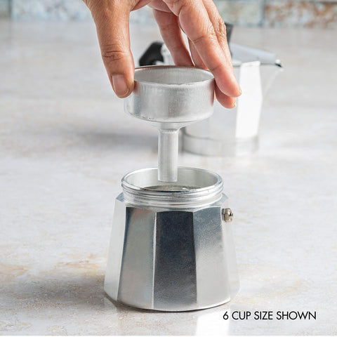 Primula size comparison with demitasse cups demonstrating twelve-cup capacity