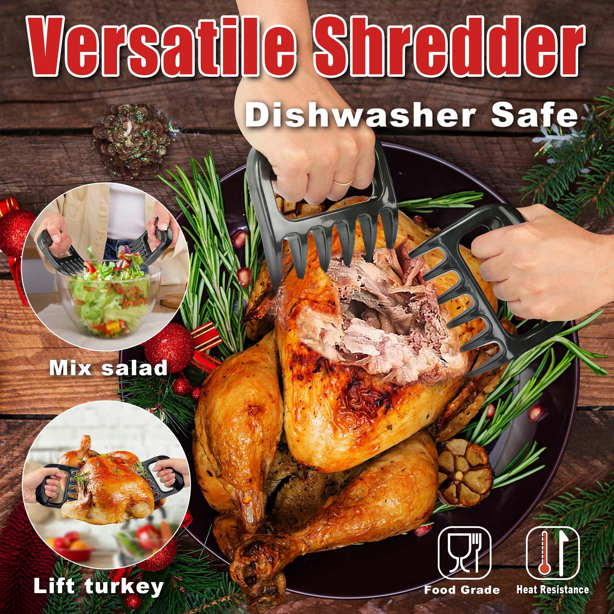PrinChef meat shredder claws lifting shredded turkey for safe handling