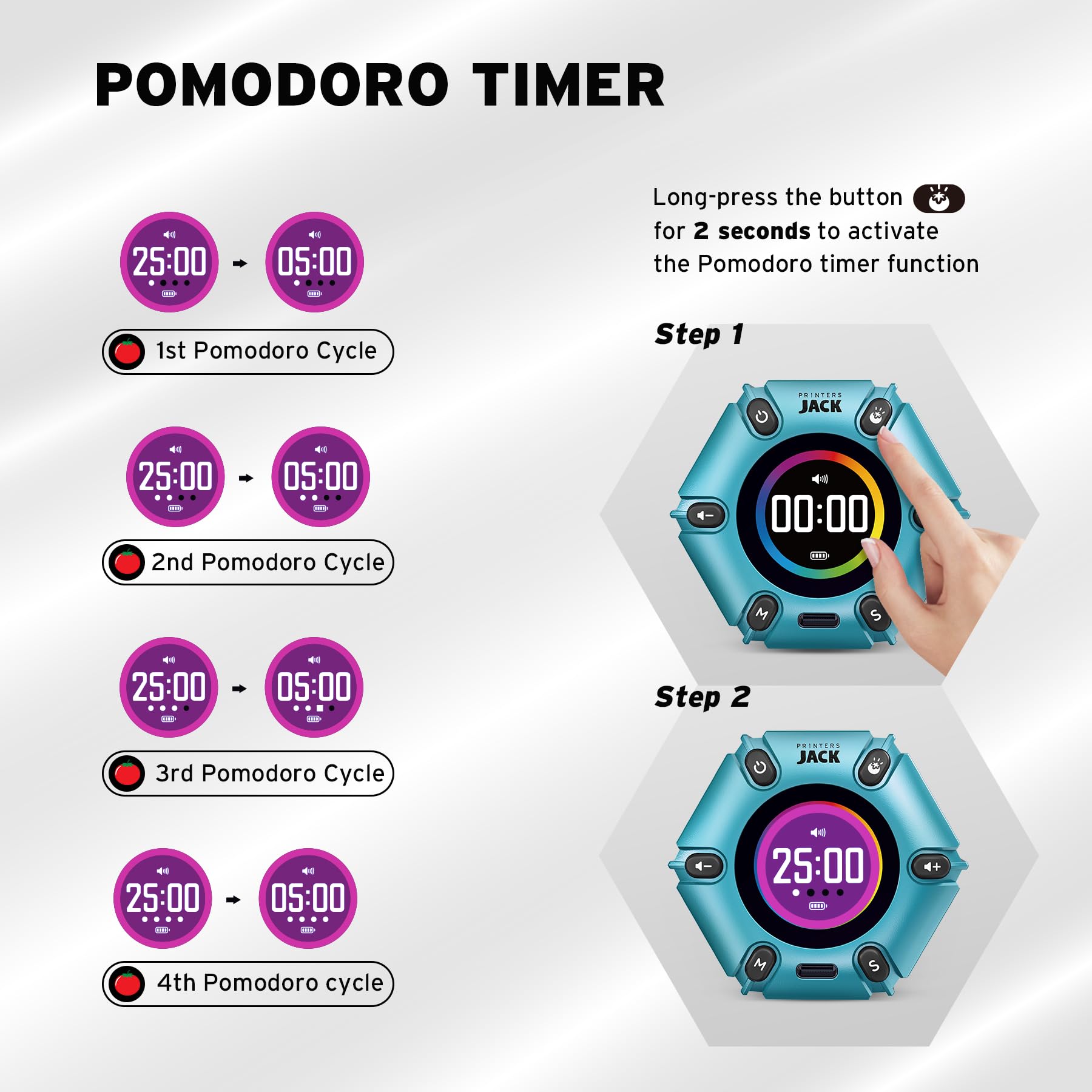 Printers Jack tomato Pomodoro mode active to boost focused work sessions
