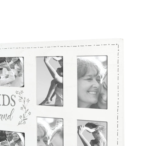 Prinz collage hung above sofa illustrating family-focused decor benefit