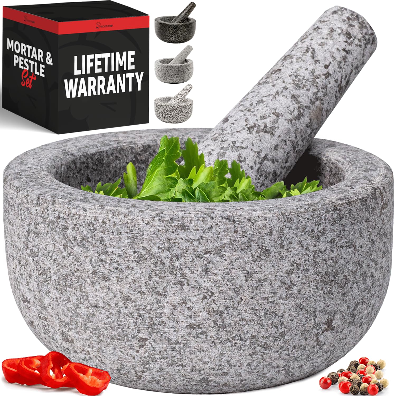 Priority Chef front view bowl and pestle showing solid granite and sturdy design benefit