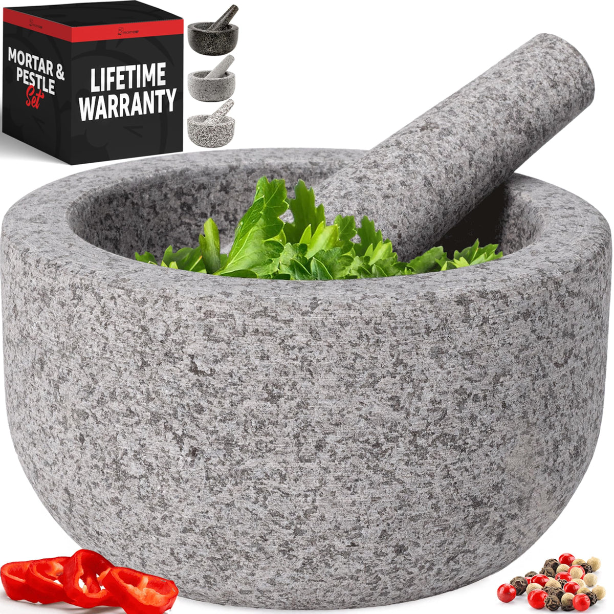 Priority Chef front view showing full granite mortar and pestle set for sturdy grinding