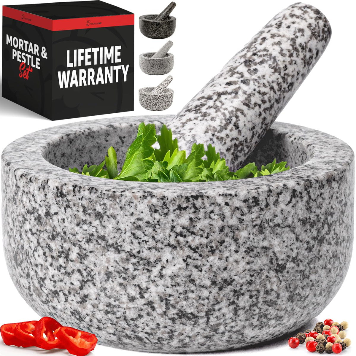Priority Chef white granite mortar and pestle front view showcasing sturdiness