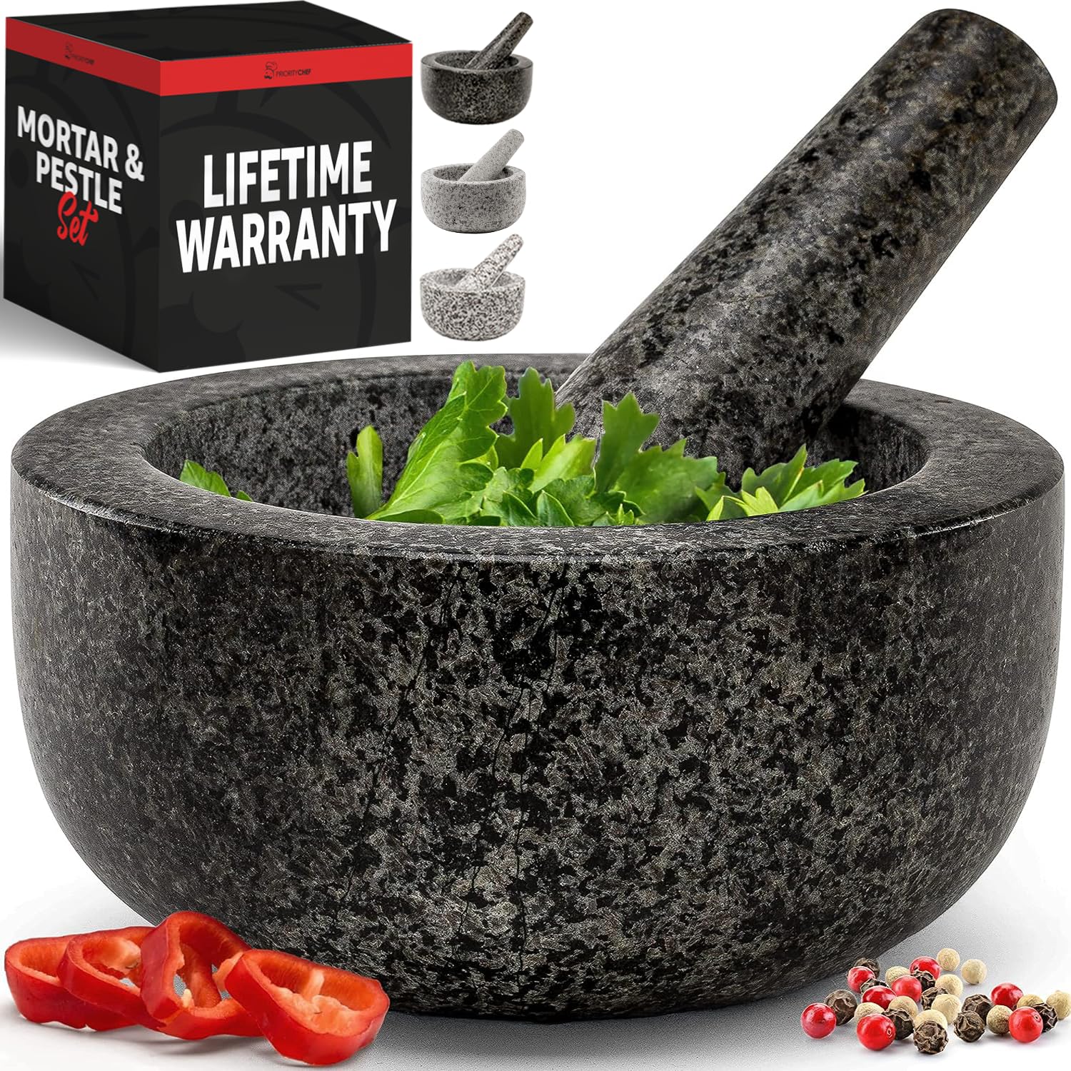 Priority Chef front view of granite mortar showing sturdy bowl and elegant finish