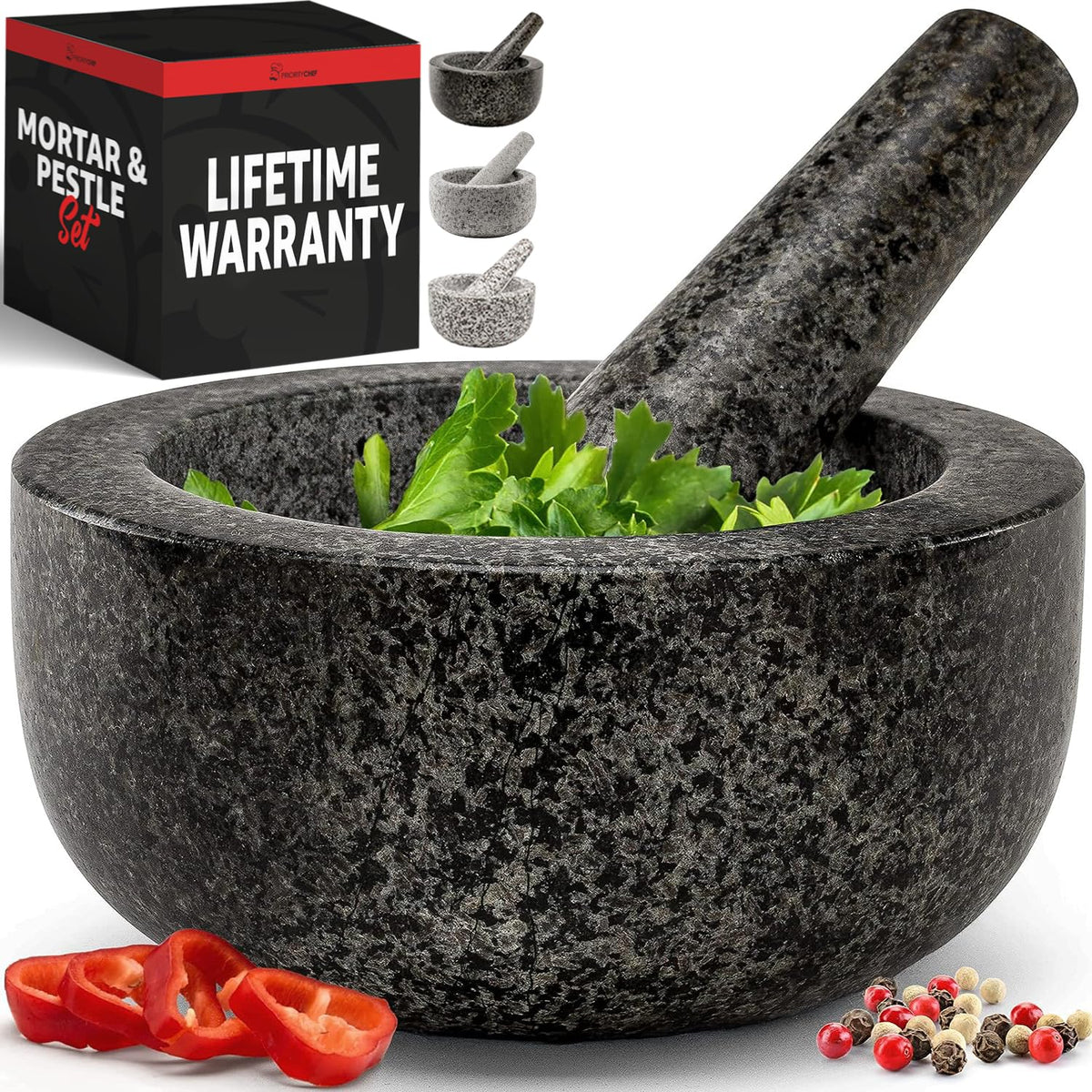 Priority Chef front view of granite mortar showing sturdy bowl and elegant finish