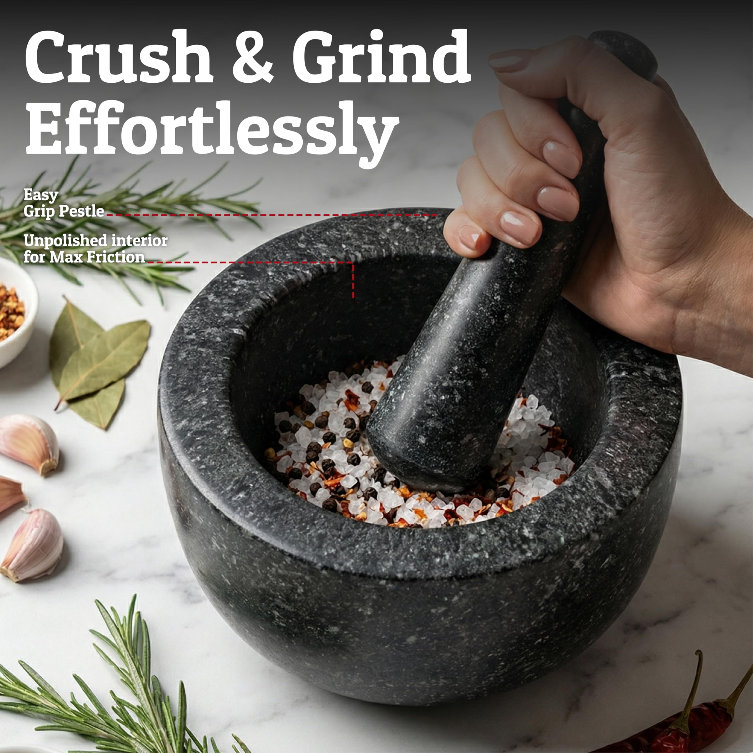 Priority Chef side profile of pestle and bowl demonstrating comfortable grip and control