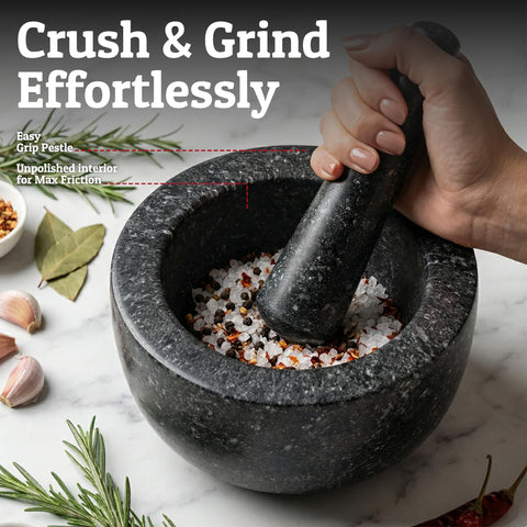 Priority Chef side profile of pestle and bowl demonstrating comfortable grip and control