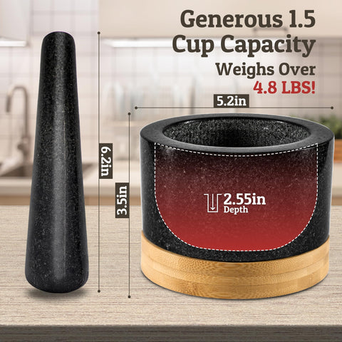 Priority Chef bamboo base attached to mortar providing stability and countertop protection