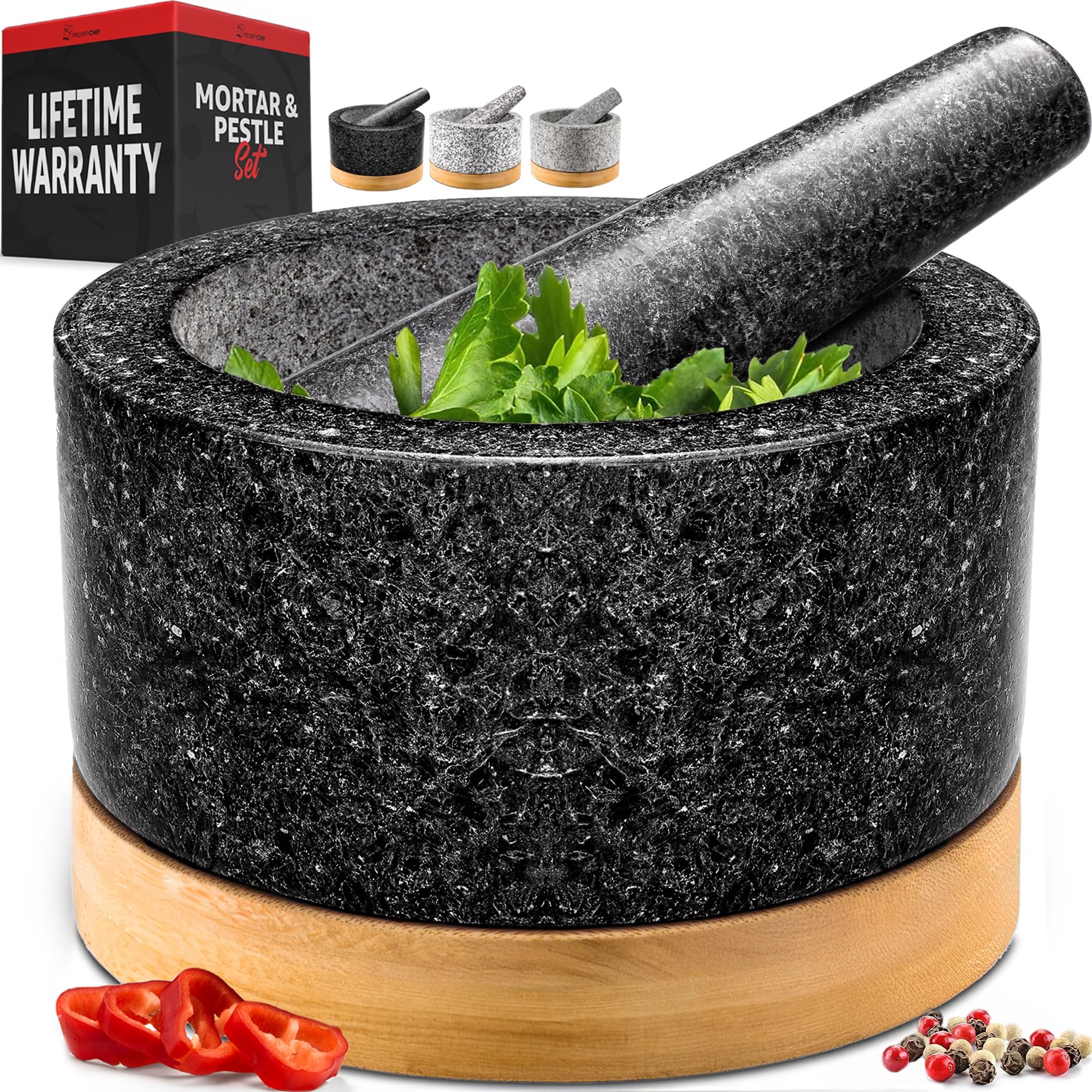 Priority Chef front view of mortar and pestle set showing complete kit and appeal
