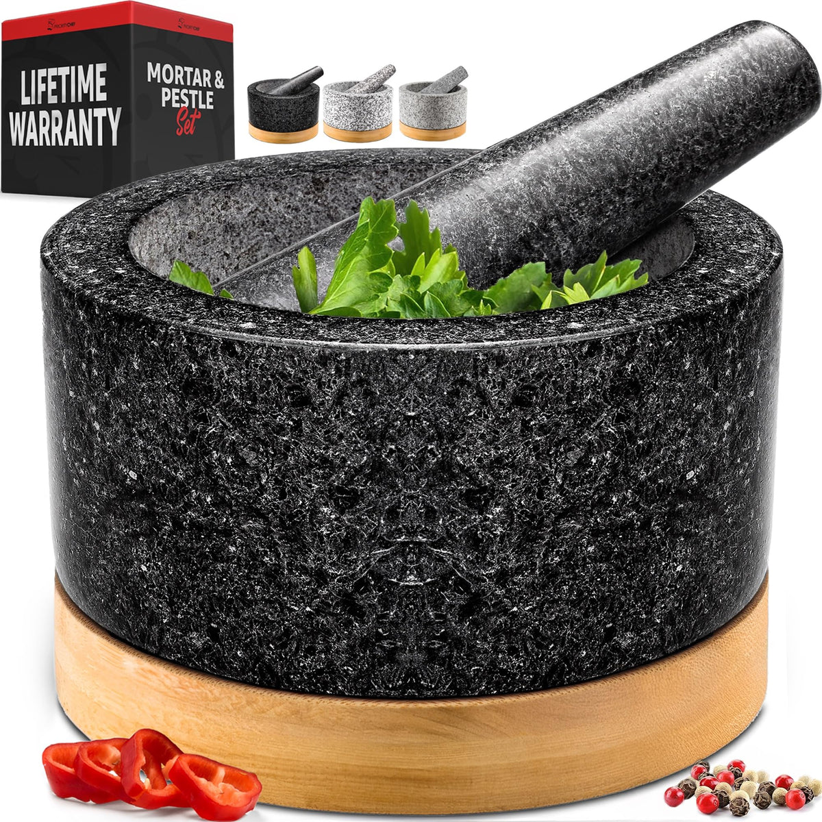 Priority Chef front view of mortar and pestle set showing complete kit and appeal