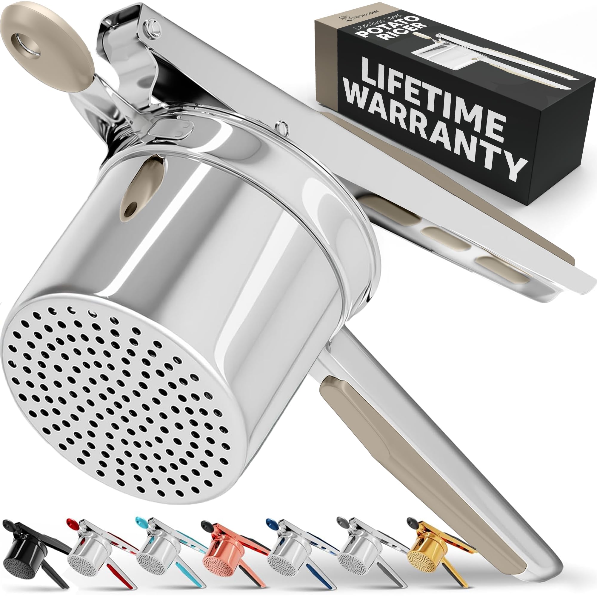 PriorityChef front view khaki handle showing sturdy stainless steel and ergonomic grip benefit