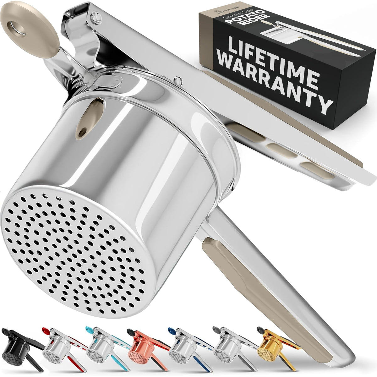 PriorityChef front view khaki handle showing sturdy stainless steel and ergonomic grip benefit