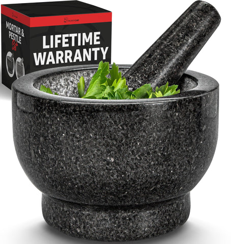 Priority Chef front view mortar and pestle showing sturdy granite and timeless design benefit durability