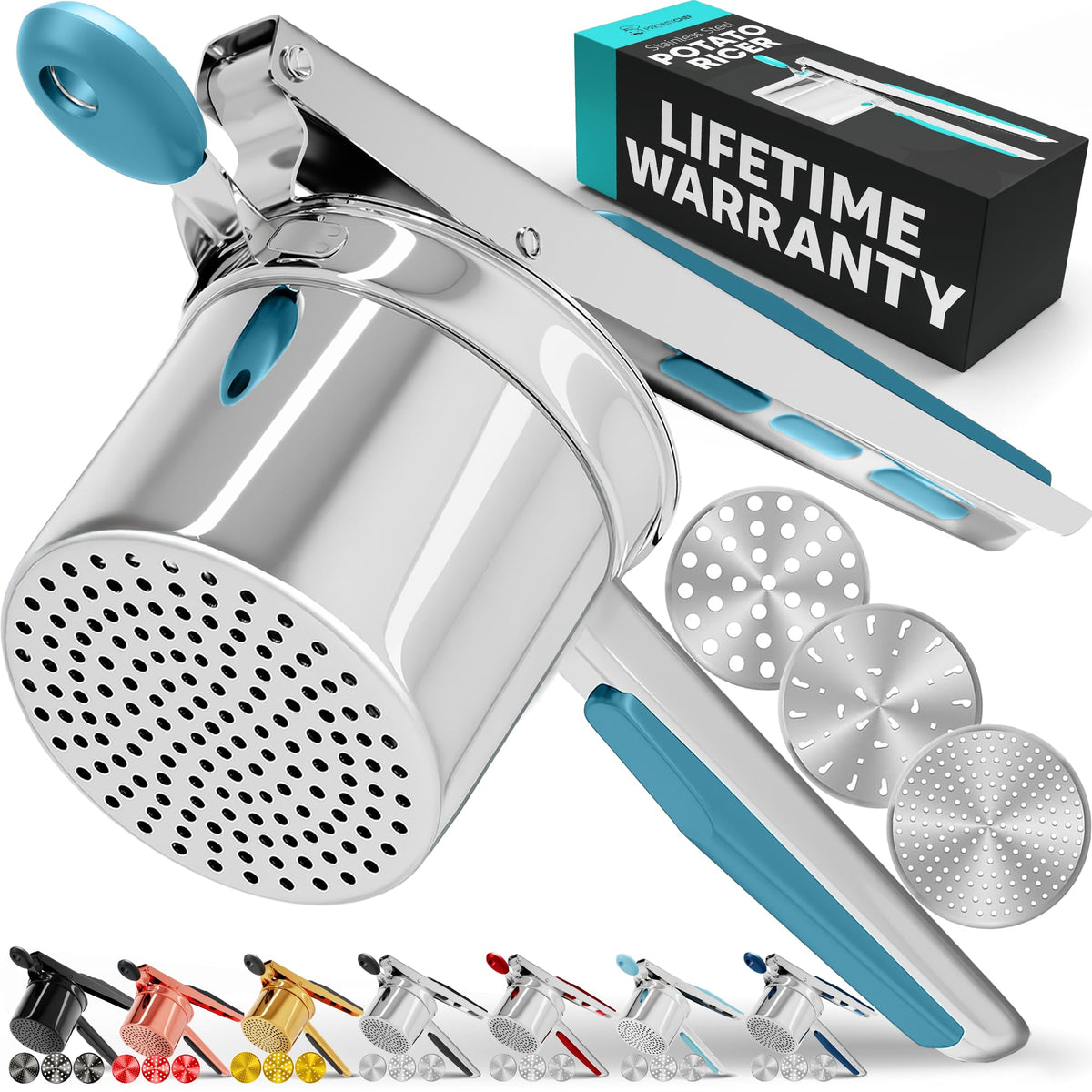 PriorityChef front view of turquoise ricer showing capacity and finish for durable use