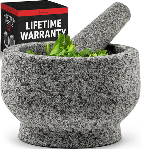 PriorityChef granite mortar front view showing sturdy construction and roomy bowl for easy mashing