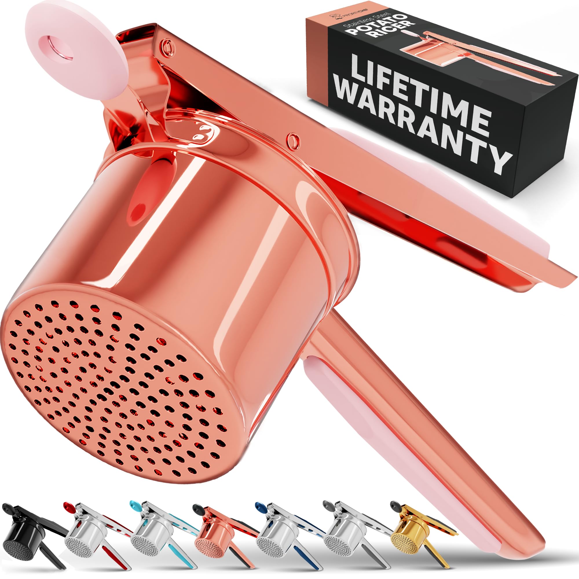 PriorityChef front view showing rose gold ricer and ergonomic design for effortless mashing