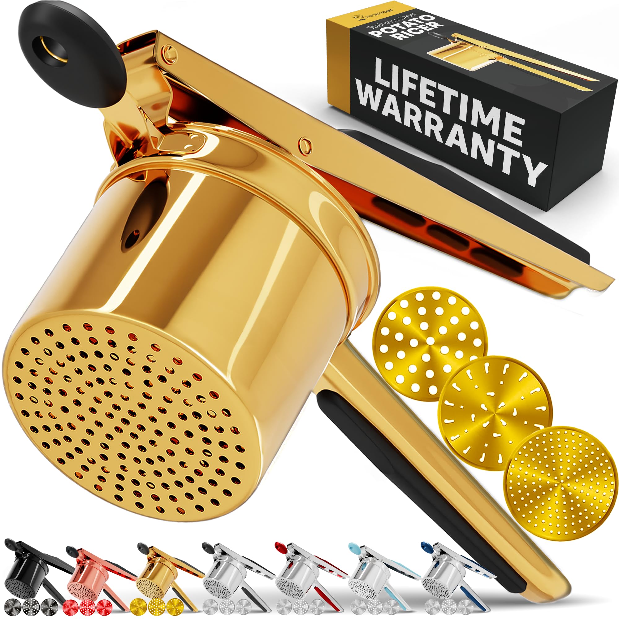 PriorityChef ricer front view showing sturdy stainless steel and gold finish for durable use