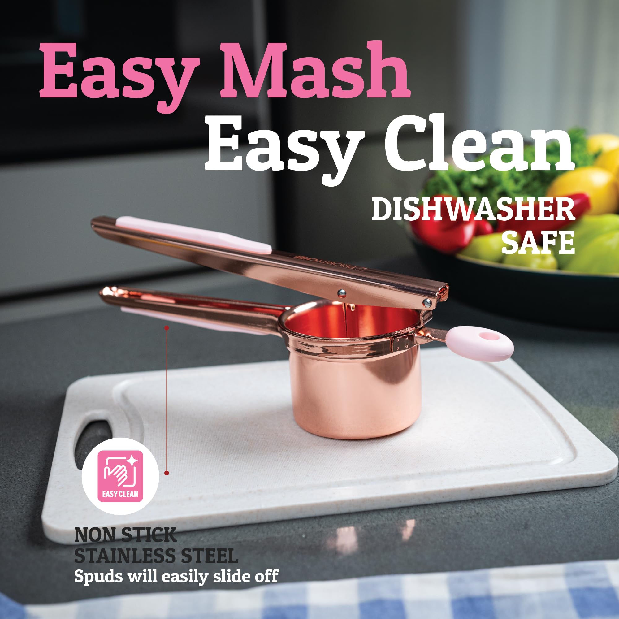 PriorityChef pressing cooked potatoes into a bowl illustrating fast, smooth puréeing benefit