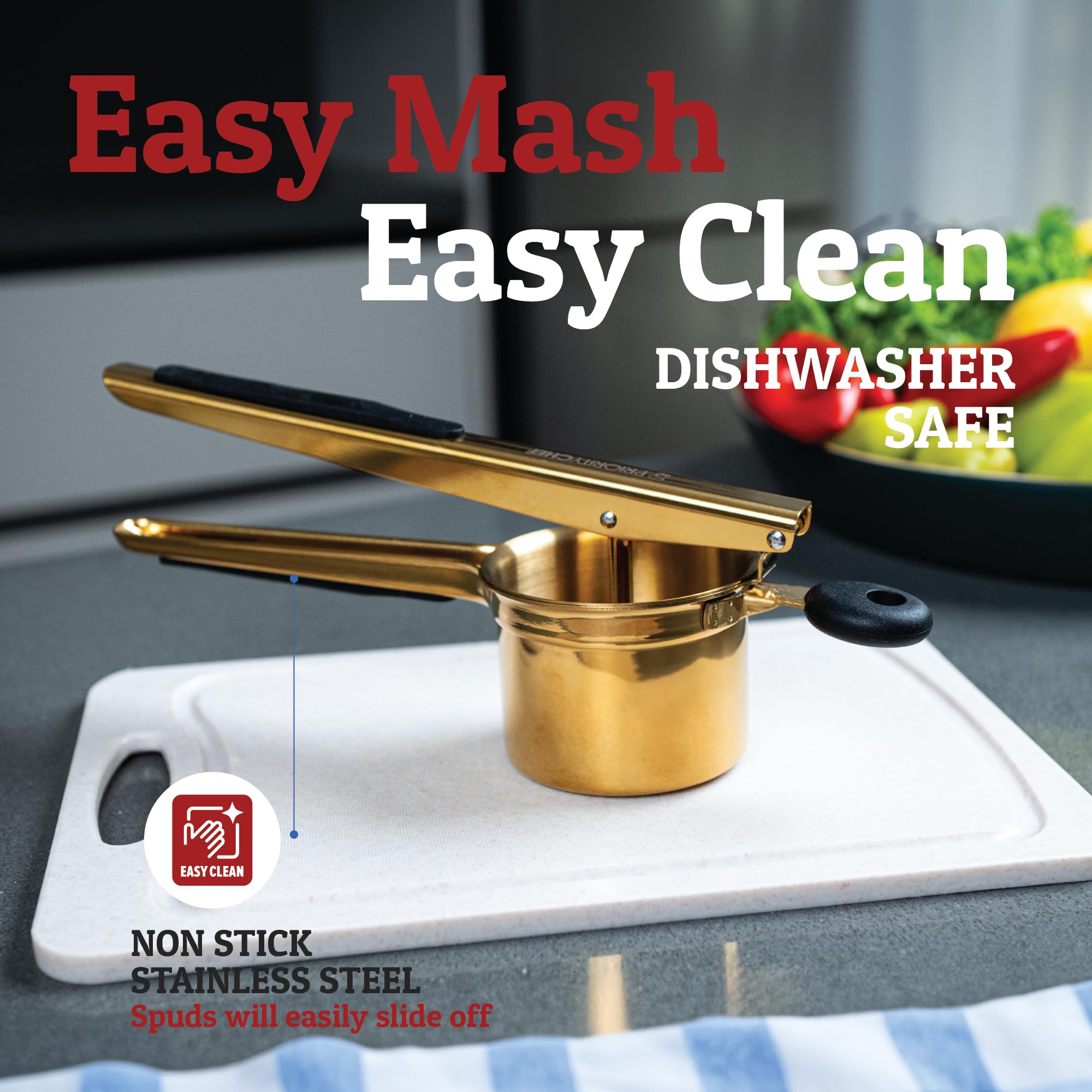 PriorityChef ricer pressing cooked potatoes demonstrating smooth, lump-free mash benefit
