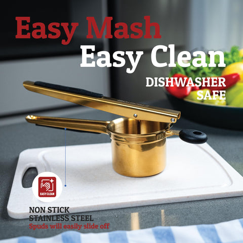 PriorityChef ricer pressing cooked potatoes demonstrating smooth, lump-free mash benefit