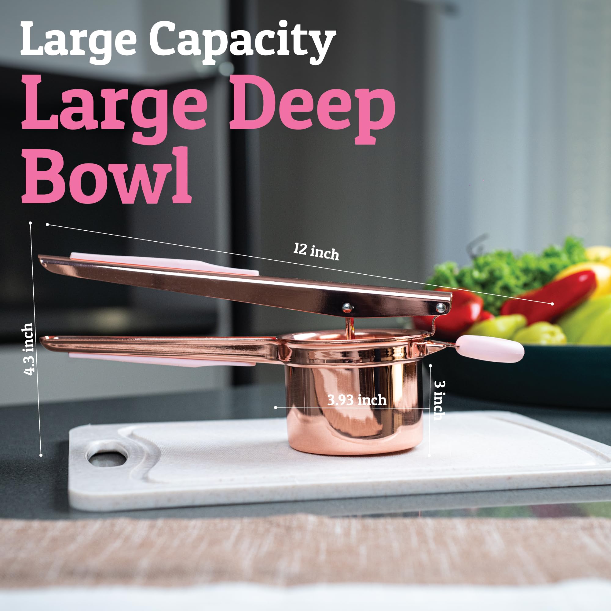 PriorityChef ricer next to hand for scale showing generous size and sturdy construction