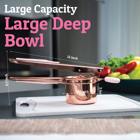 PriorityChef ricer next to hand for scale showing generous size and sturdy construction