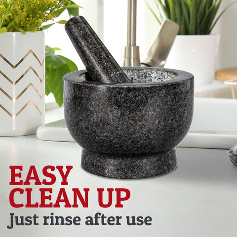 Priority Chef mortar next to measuring cup for size scale showing two-cup capacity benefit portion clarity