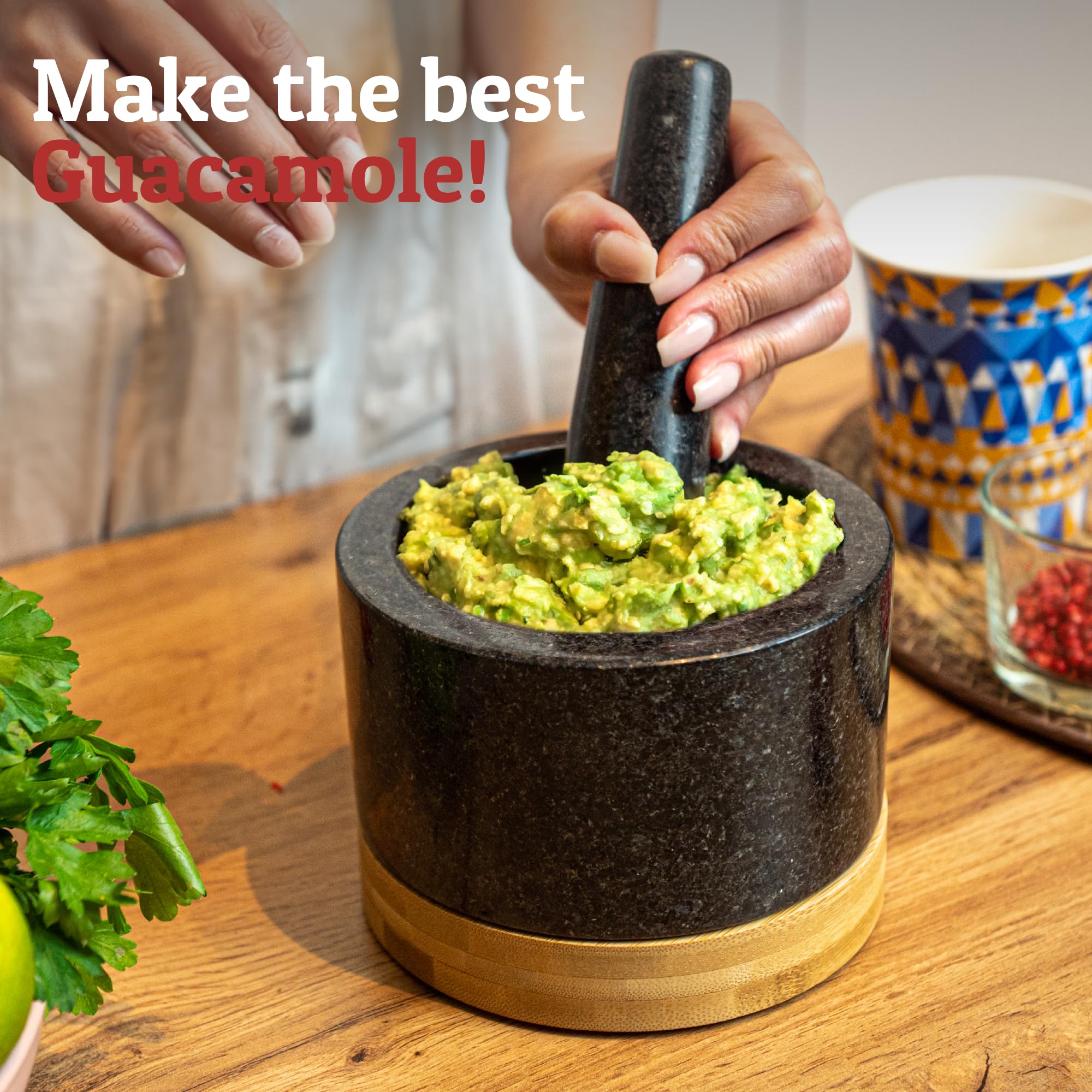 Priority Chef top view of mortar filled with fresh salsa demonstrating serving readiness