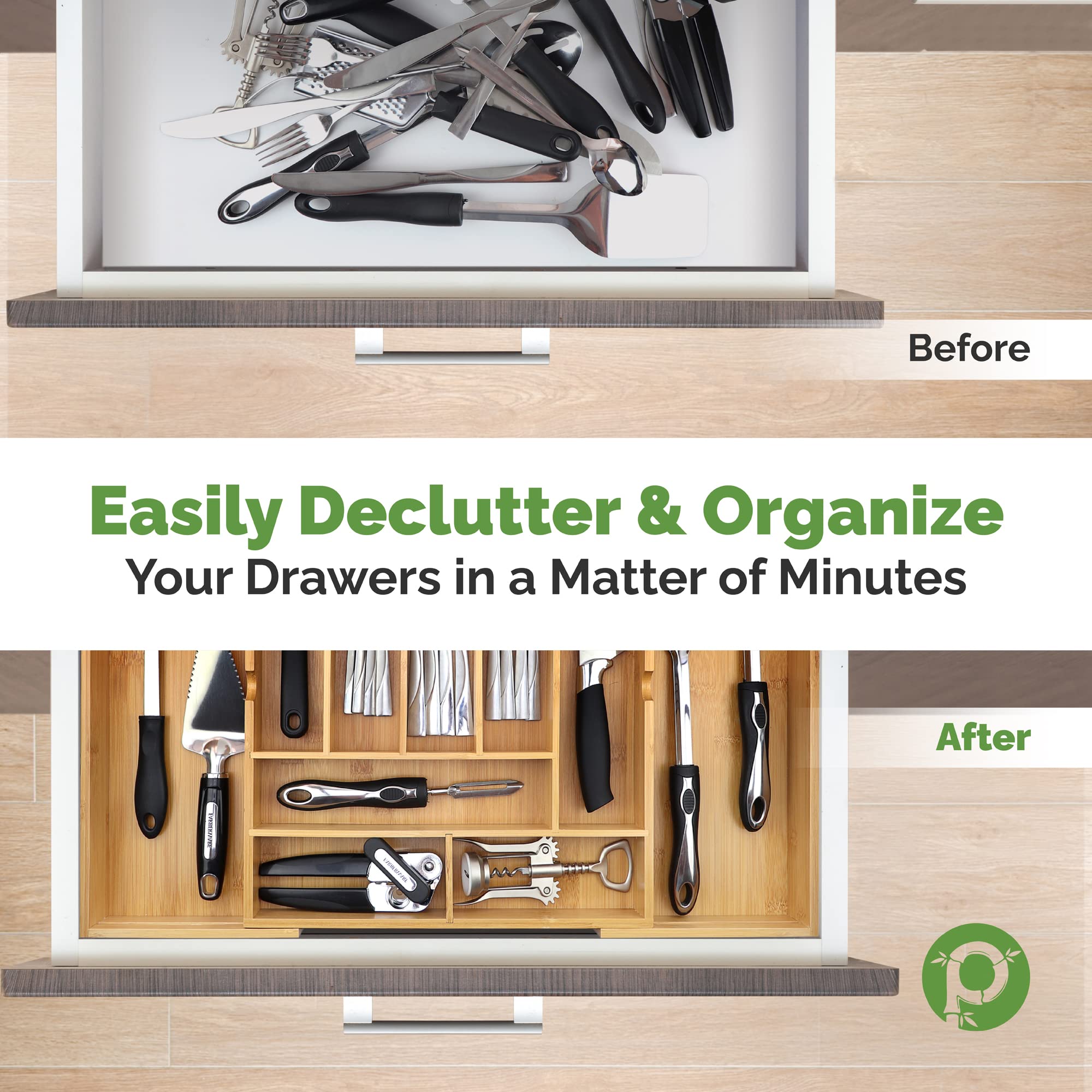 Pristine Bamboo installed in a kitchen drawer keeping utensils neatly arranged