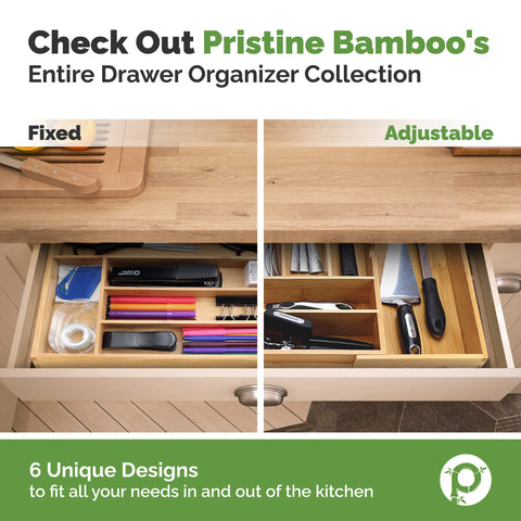 Pristine Bamboo used in office drawer organizing pens and sticky notes efficiently