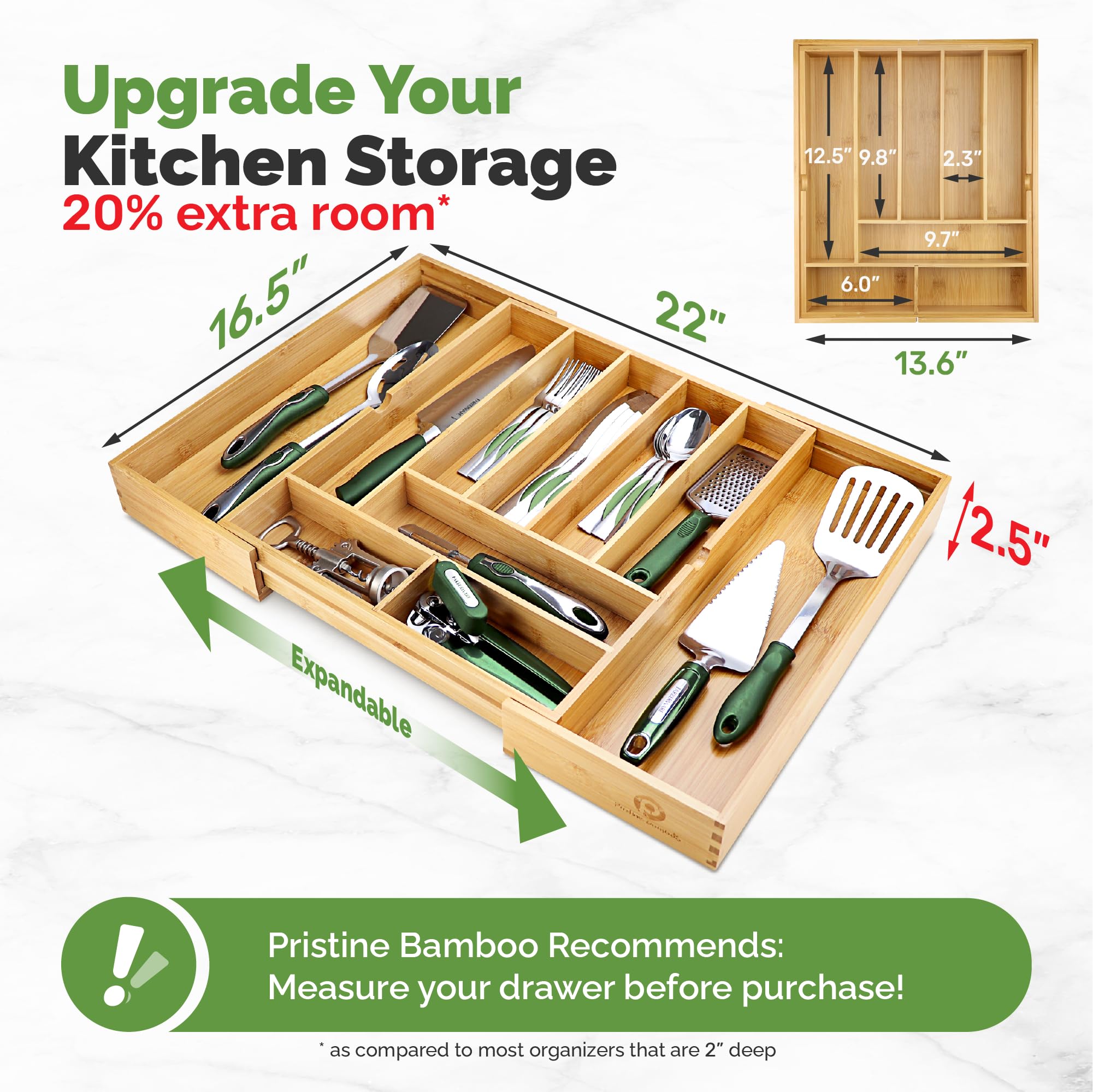 Pristine Bamboo top-down view showing ten compartments for quick item visibility