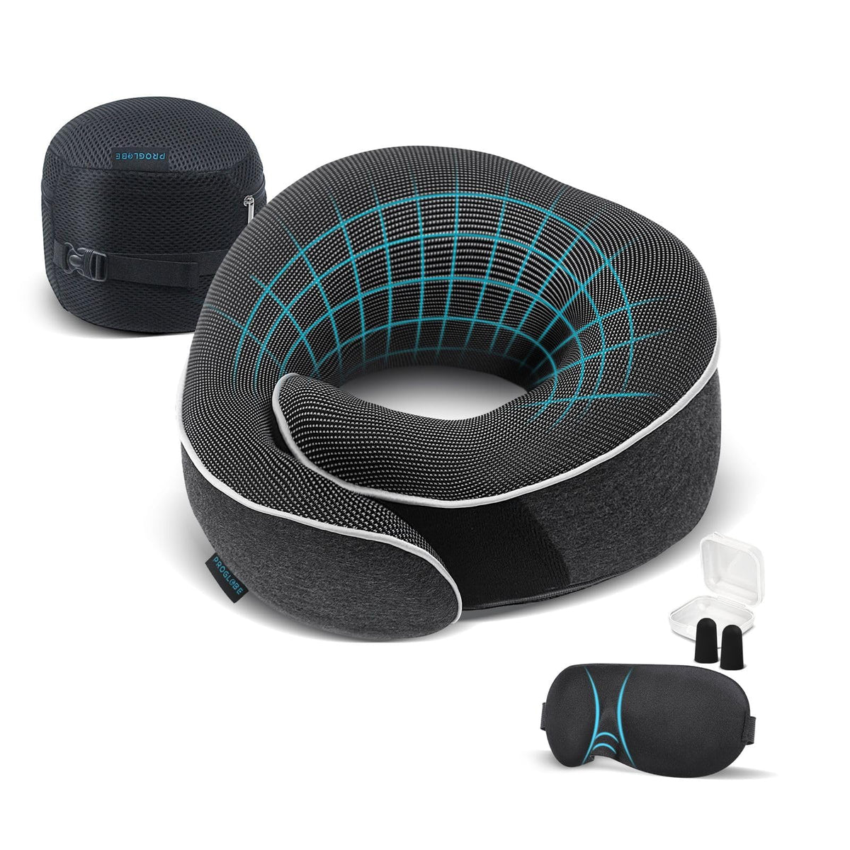 Proglobe front view showing dark grey pillow and travel kit for compact comfort