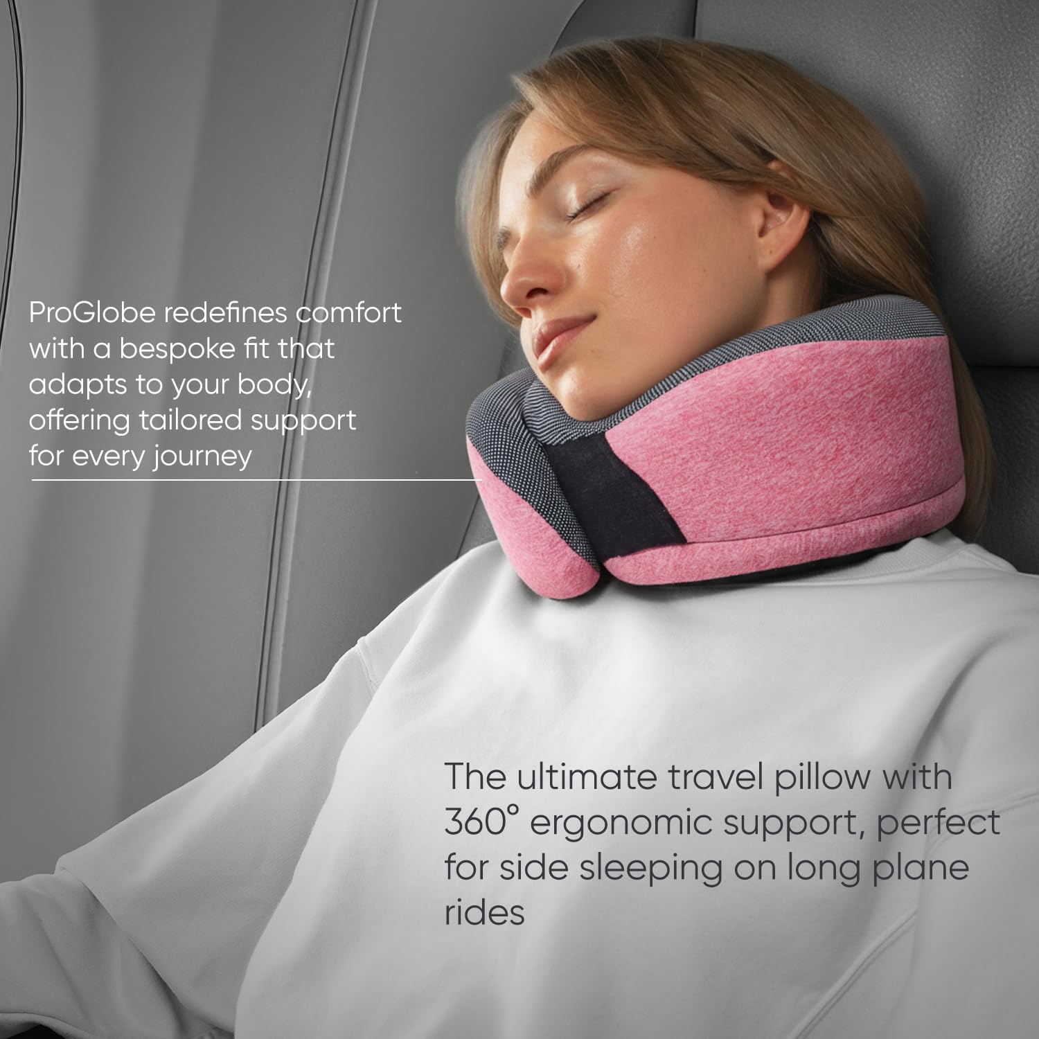 Proglobe pillow in airplane seat illustrating ergonomic neck stabilization
