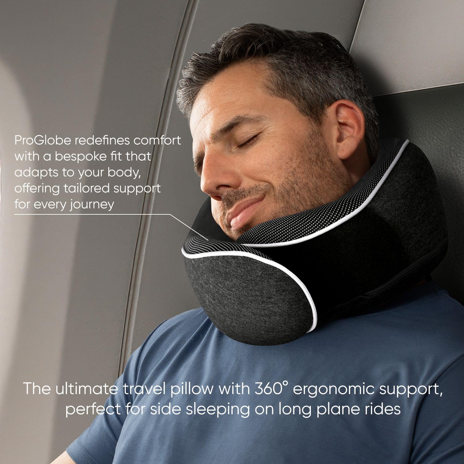 Proglobe pillow in use on airplane seat demonstrating improved resting posture