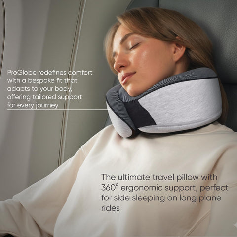 Proglobe neck pillow on airplane seat illustrating improved in-flight comfort