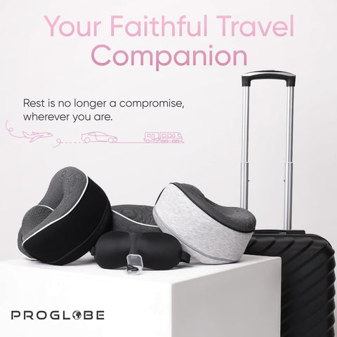 Proglobe pillow next to passport showing compact travel size benefits