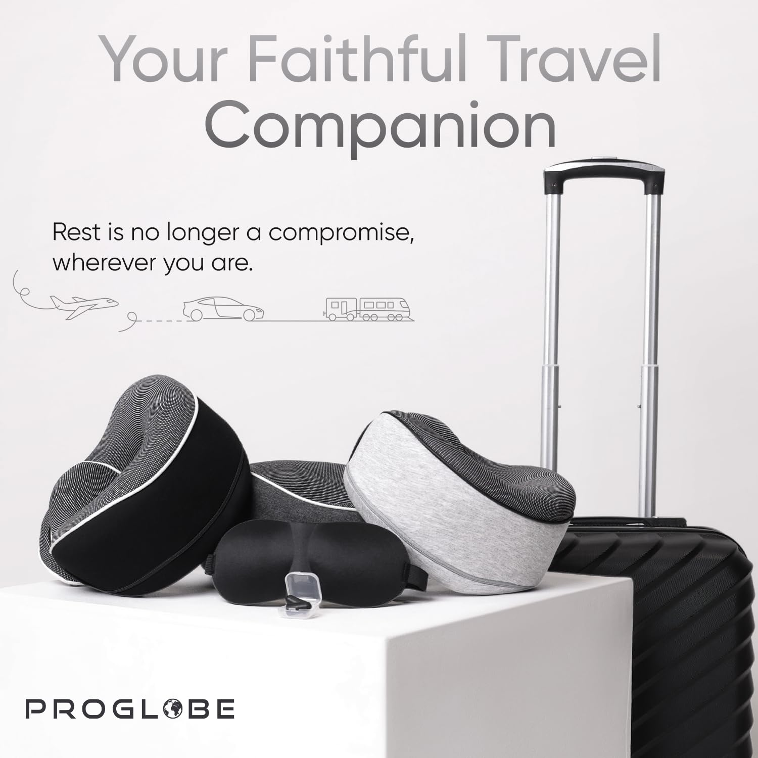 Proglobe next to water bottle to show size and portability for packing convenience