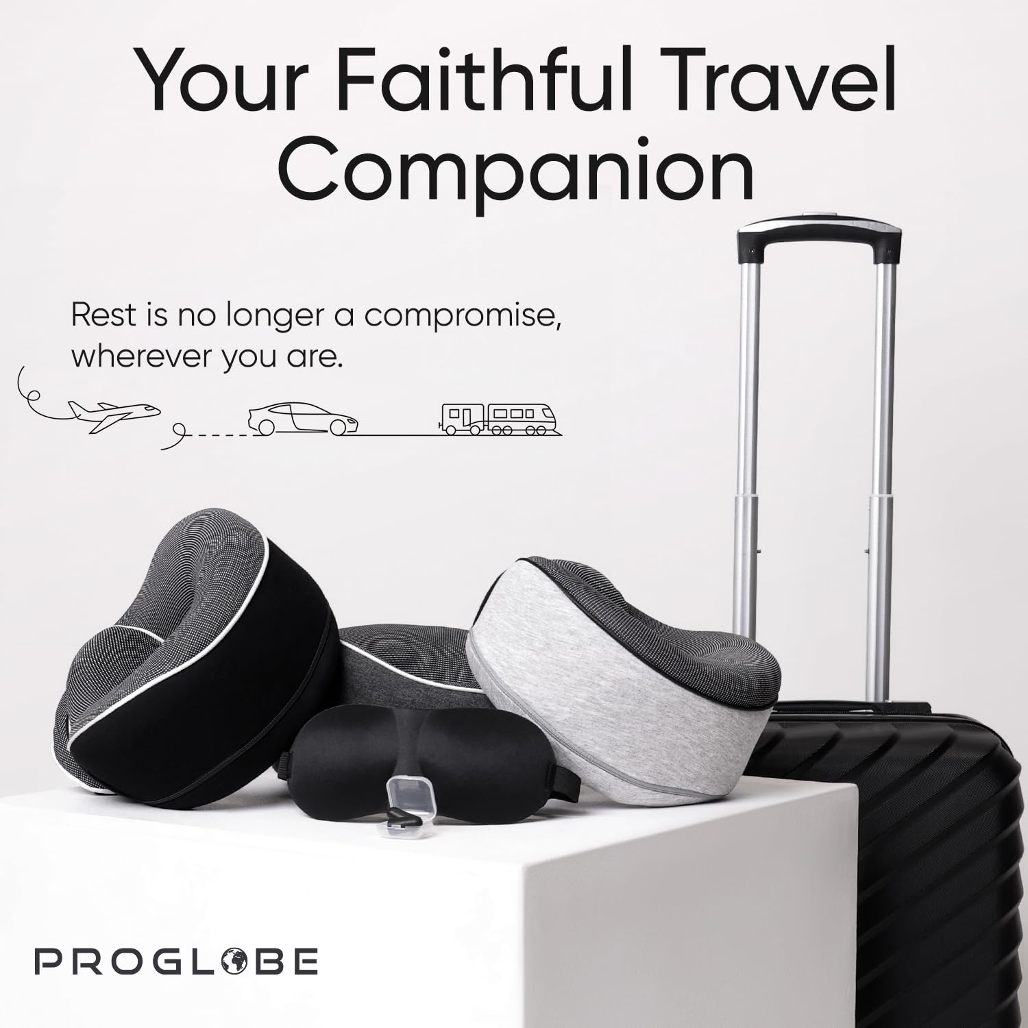 Proglobe pillow next to water bottle showing compact folded travel size