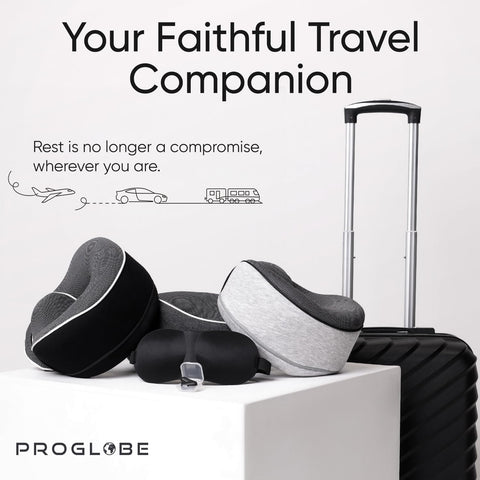 Proglobe pillow next to water bottle showing compact folded travel size