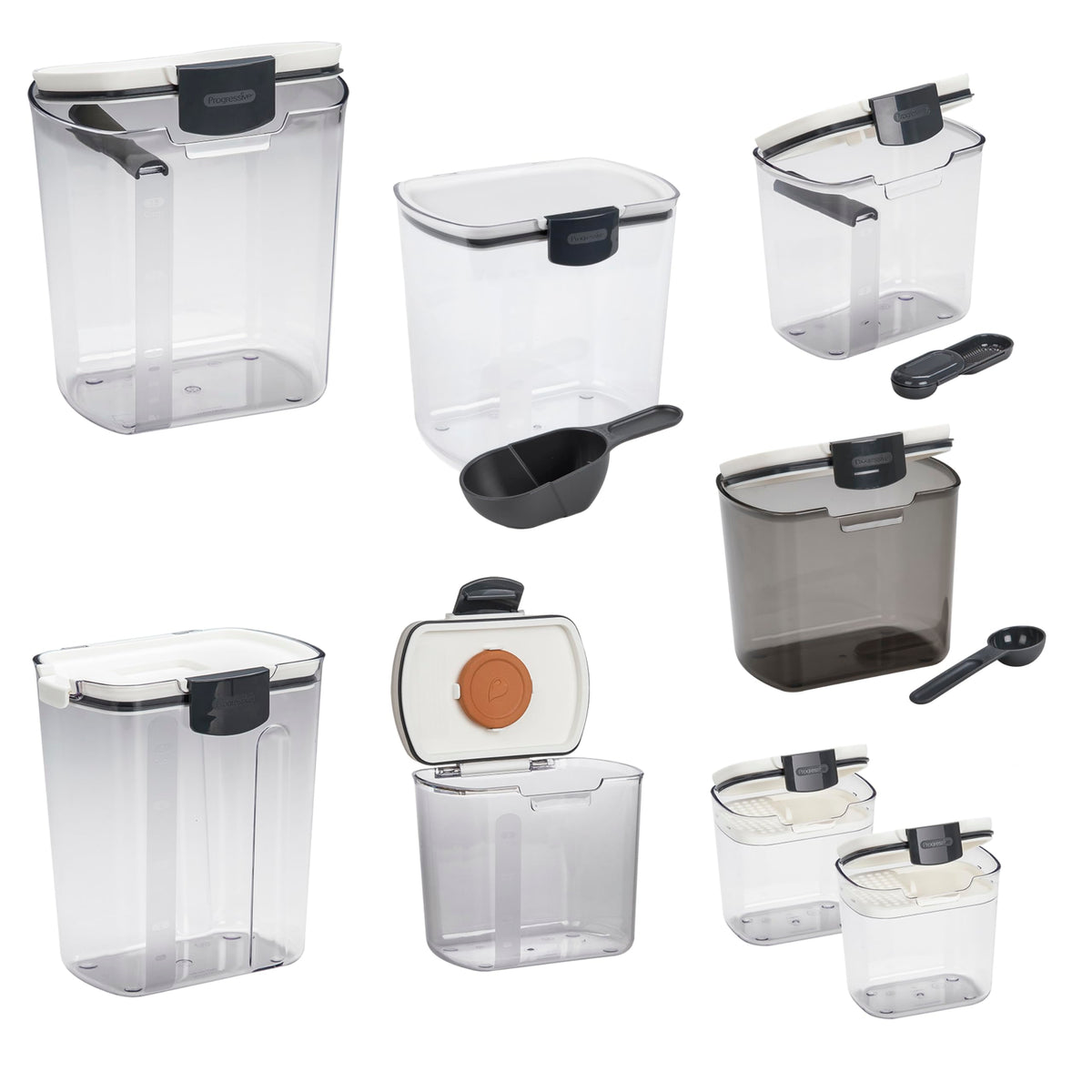 Progressive baker's canister set front view showing multicolor lids and organized storage benefit