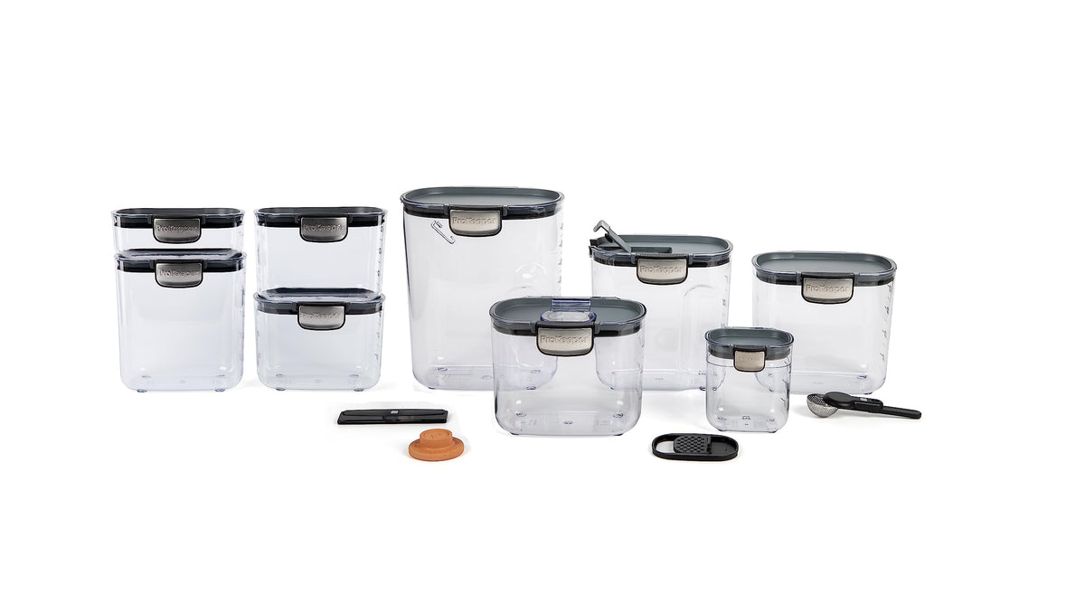 ProKeeper front view showing clear canisters and magnetic baking accessories for neat organization